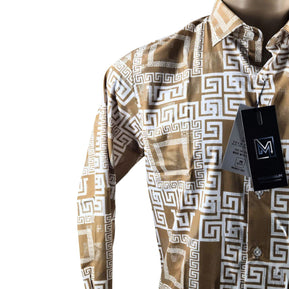 Megaannum - Geometric Print Slim Fit Long Sleeve Casual Shirt – Beige Gold