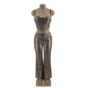 Chicaluv - Women's Leopard Print Bandeau Top & Flared Pants Co-ord Set – Bodycon Fit with Standard Coverage