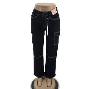 Chicaluv - Women's High Waist Straight Leg Relaxed Fit Cargo Denim Jeans with Flap Pockets