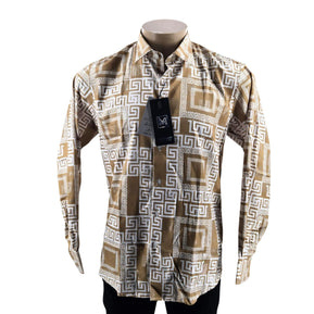 Megaannum - Geometric Print Slim Fit Long Sleeve Casual Shirt – Beige Gold