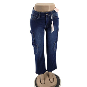 Chicaluv - Women's High Waist Straight Leg Relaxed Fit Cargo Denim Jeans with Flap Pockets