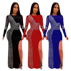 Chicaluv - Women’s Bodycon Formal Long Sleeve High Split Rhinestone Party Evening Dress