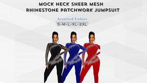 Chicaluv Wholesale - Mock Neck Sheer Mesh Rhinestone Patchwork Jumpsuit – Women's Sexy Club Party Wear