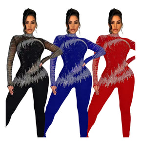 Chicaluv - Mock Neck Sheer Mesh Rhinestone Patchwork Jumpsuit – Women's Club Party Wear
