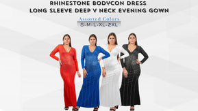 Chicaluv Wholesale - Women’s Rhinestone Bodycon Dress – Long Sleeve Deep V Neck Evening Gown