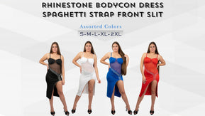 Chicaluv Wholesale - Women’s Rhinestone Bodycon Dress – Spaghetti Strap Front Slit