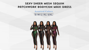 Women’s Sequin Mesh Bodycon Maxi Dress – Long Sleeve Eveningwear