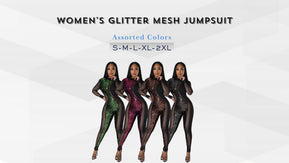 Chicaluv Wholesale - Women's Glitter Mesh Jumpsuit – Shiny Sequin Bodycon Long Sleeve Club Outfit XV946
