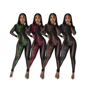 Chicaluv - Women's Glitter Mesh Jumpsuit – Shiny Sequin Bodycon Long Sleeve Club Outfit XV946