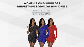 Chicaluv Wholesale - Women's One-Shoulder Rhinestone Bodycon Mini Dress – Long Sleeve Glitter Wrap Party Dress