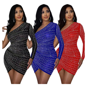 Chicaluv - Women's One-Shoulder Rhinestone Bodycon Mini Dress – Long Sleeve Glitter Wrap Party Dress