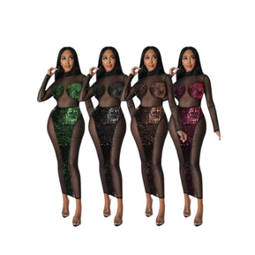 Women’s Sequin Mesh Bodycon Maxi Dress – Long Sleeve Eveningwear