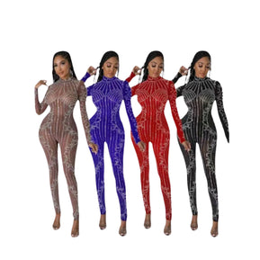 Chicaluv- Women's Sexy Sheer Rhinestone Crystal Bodycon Jumpsuit – Sparkly See-Through Party Romper Overall - XV948