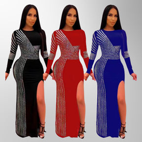 Chicaluv - Women’s Bodycon Formal Long Sleeve High Split Rhinestone Party Evening Dress