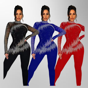 Chicaluv - Mock Neck Sheer Mesh Rhinestone Patchwork Jumpsuit – Women's Sexy Club Party Wear