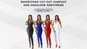 Chicaluv Wholesale - Women’s Rhinestone Cut-Out Jumpsuit – One-Shoulder Partywear - XV947