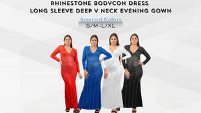 Chicaluv Wholesale - Women’s Rhinestone Bodycon Dress – Long Sleeve Deep V Neck Evening Gown