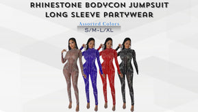 Chicaluv Wholesale- Women’s Rhinestone Bodycon Jumpsuit – Long Sleeve Partywear - XV948