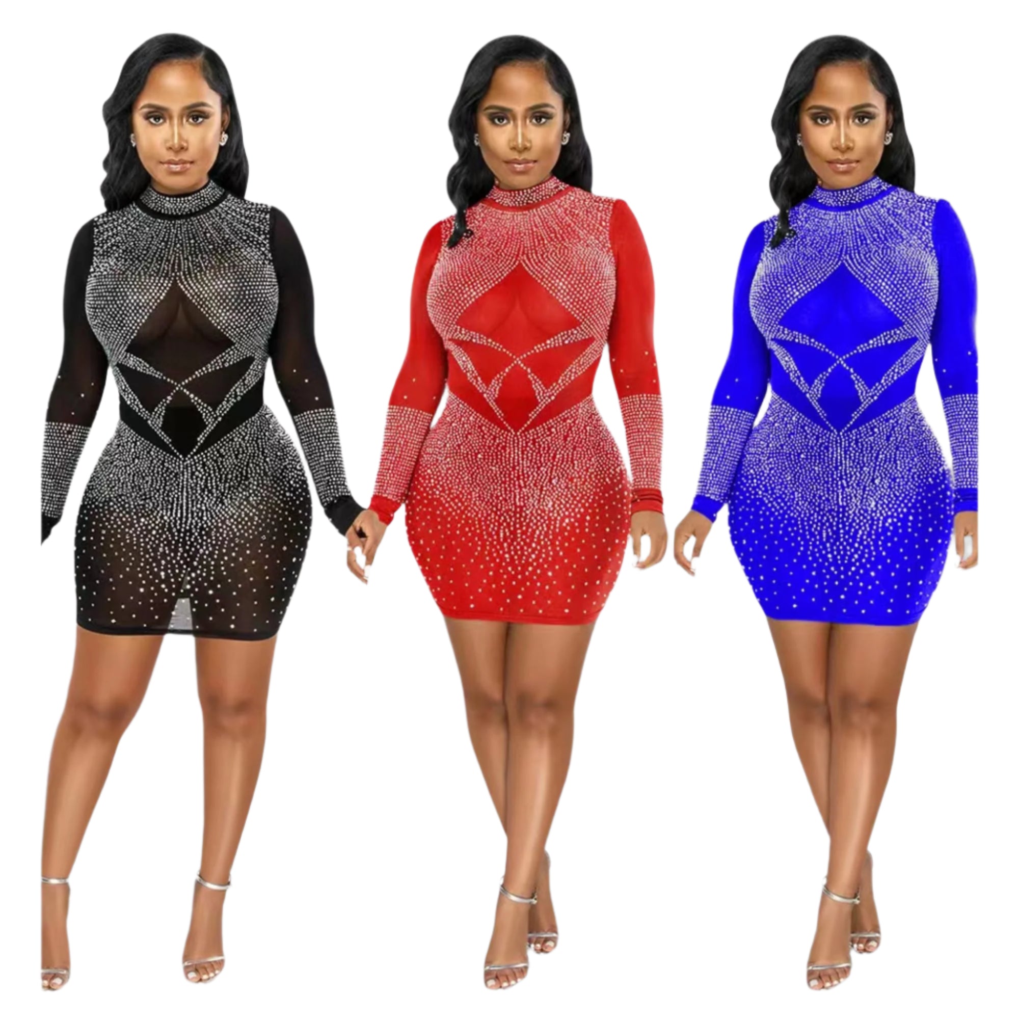 Chicaluv - Drilling Mesh See Through Long Sleeve Club Dress Red / M Chicaluv - Drilling Mesh See Through Long Sleeve Club Dress Red / M
