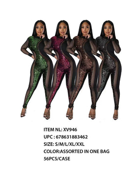 Chicaluv - Women's Glitter Mesh Jumpsuit – Shiny Sequin Bodycon Long Sleeve Club Outfit XV946