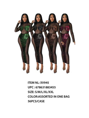 Chicaluv - Women's Sexy Sheer Mesh Sequin Patchwork Bodycon Maxi Dress – Long Sleeve Party Clubwear XV945
