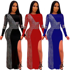 Chicaluv - Women’s Bodycon Formal Long Sleeve High Split Rhinestone Party Evening Dress