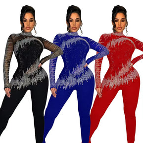 Chicaluv - Mock Neck Sheer Mesh Rhinestone Patchwork Jumpsuit – Women's Sexy Club Party Wear