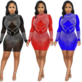 Chicaluv - Sexy Hot Drilling Mesh See Through Club Dress – Long Sleeve Bodycon