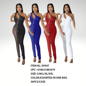 Chicaluv - Women’s Rhinestone Cut-Out Jumpsuit – One-Shoulder Partywear - XV947