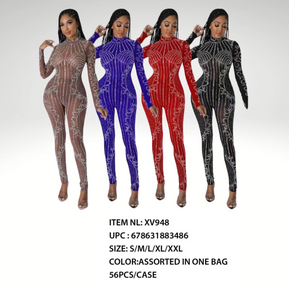 Chicaluv - Women’s Rhinestone Bodycon Jumpsuit – Long Sleeve Partywear - XV948